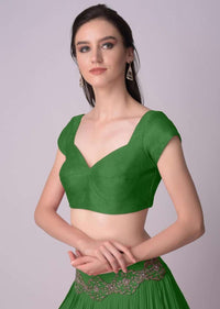 Bottle Green Blouse In Raw Silk With Sweet Heart Neckline