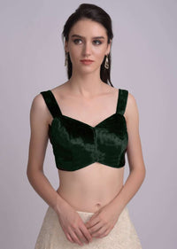 Bottle Green Blouse In Velvet With Sweetheart Neckline