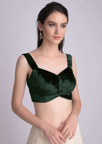 Bottle Green Blouse In Velvet With Sweetheart Neckline