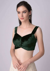 Bottle Green Blouse In Velvet With Sweetheart Neckline