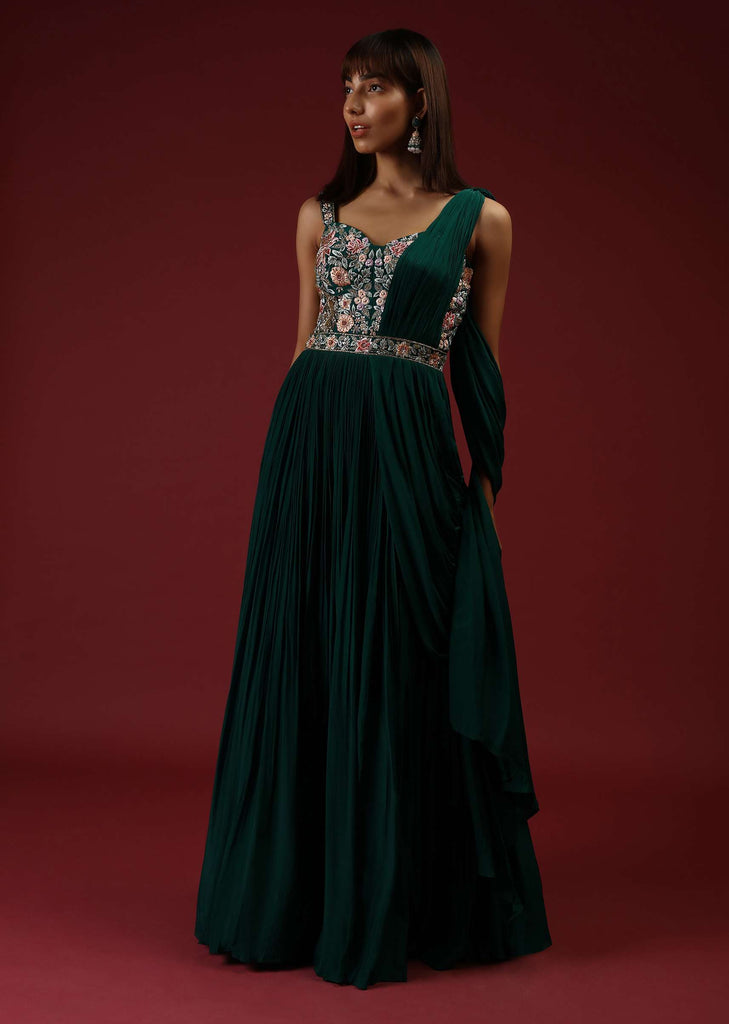 Bottle Green Corset Gown With A Colorful Resham Embroidered Bodice And A Gathered Drape On One Shoulder