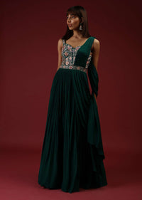 Bottle Green Corset Gown With A Colorful Resham Embroidered Bodice And A Gathered Drape On One Shoulder