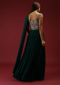 Bottle Green Corset Gown With A Colorful Resham Embroidered Bodice And A Gathered Drape On One Shoulder