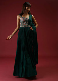 Bottle Green Corset Gown With A Colorful Resham Embroidered Bodice And A Gathered Drape On One Shoulder