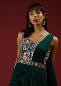 Bottle Green Corset Gown With A Colorful Resham Embroidered Bodice And A Gathered Drape On One Shoulder