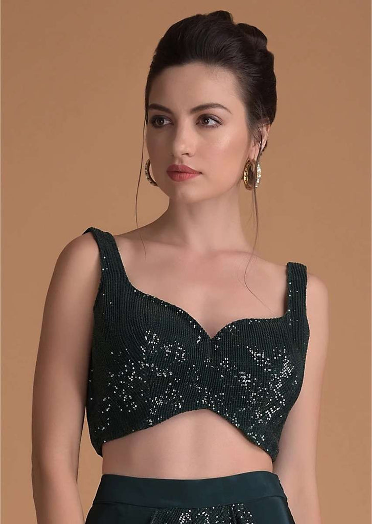 Bottle Green Crop Top Embellished In Sequins With Sweetheart Neckline