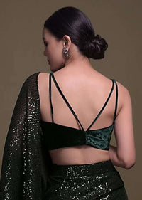 Bottle Green Crop Top In Velvet With Double Straps And V Neckline