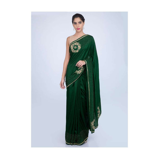 Bottle green dupion silk saree with cut dana and bead embroidered pallo and border only on kalki