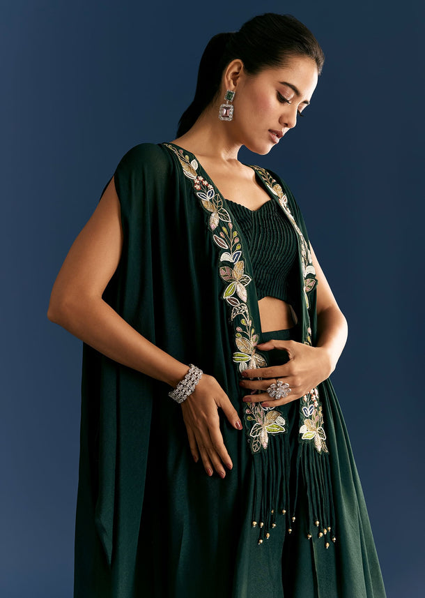 Bottle Green Georgette Pintuck Croptop And Fancy Skirt With Embroidered Cape