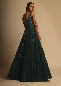 Bottle Green Gown In Beads Embellished Net With Shimmering Sequins Underlayer And Plunging Neckline Online - Kalki Fashion