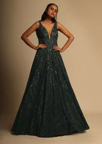 Bottle Green Gown In Beads Embellished Net With Shimmering Sequins Underlayer And Plunging Neckline Online - Kalki Fashion