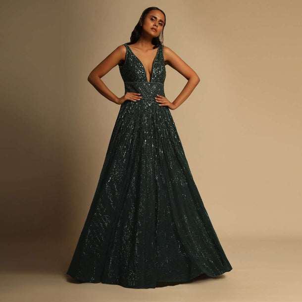 Bottle Green Gown In Beads Embellished Net With Shimmering Sequins Underlayer And Plunging Neckline Online - Kalki Fashion