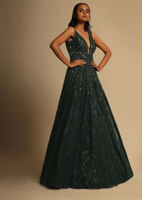 Bottle Green Gown In Beads Embellished Net With Shimmering Sequins Underlayer And Plunging Neckline Online - Kalki Fashion