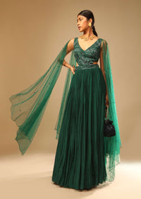 Bottle Green Gown In Crepe With Side Cut Outs In The Hand Embroidered Bodice