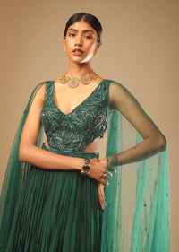 Bottle Green Gown In Crepe With Side Cut Outs In The Hand Embroidered Bodice