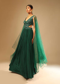 Bottle Green Gown In Crepe With Side Cut Outs In The Hand Embroidered Bodice