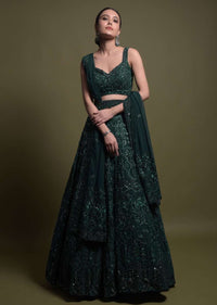 Bottle Green Lehenga Choli In Net Heavily Hand Embellished With Mirror And Cut Dana Work Online - Kalki Fashion