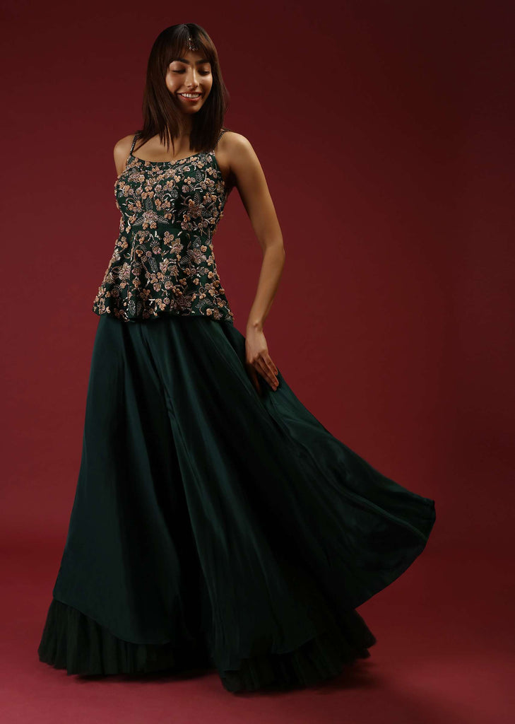 Bottle Green Palazzo Pants With A Heavy Hand Embroidered Peplum Top Adorned In Multicolored Beads And 3D Flowers
