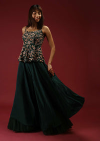 Bottle Green Palazzo Pants With A Heavy Hand Embroidered Peplum Top Adorned In Multicolored Beads And 3D Flowers