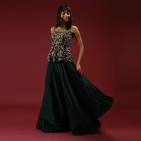 Bottle Green Palazzo Pants With A Heavy Hand Embroidered Peplum Top Adorned In Multicolored Beads And 3D Flowers