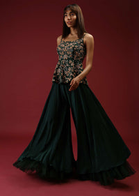 Bottle Green Palazzo Pants With A Heavy Hand Embroidered Peplum Top Adorned In Multicolored Beads And 3D Flowers