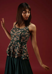 Bottle Green Palazzo Pants With A Heavy Hand Embroidered Peplum Top Adorned In Multicolored Beads And 3D Flowers
