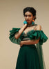 Bottle Green Palazzo Suit With A Cold Shoulder Crop Top Featuring Short Bell Sleeves And Multi Colored Hand Embroidery