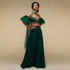 Bottle Green Palazzo Suit With A Cold Shoulder Crop Top Featuring Short Bell Sleeves And Multi Colored Hand Embroidery