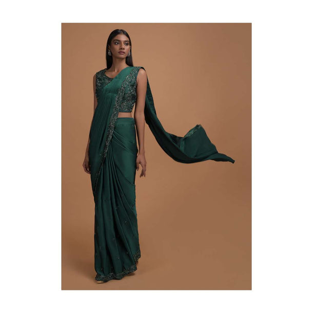 Bottle Green Ready Pleated Saree In Milano With Matching Floral Embroidered Blouse Online - Kalki Fashion