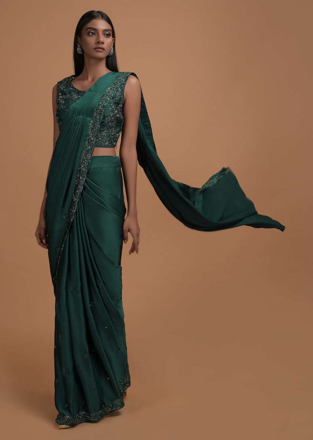 Bottle Green Ready Pleated Saree In Milano With Matching Floral Embroidered Blouse Online - Kalki Fashion