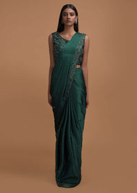 Bottle Green Ready Pleated Saree In Milano With Matching Floral Embroidered Blouse Online - Kalki Fashion