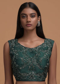 Bottle Green Ready Pleated Saree In Milano With Matching Floral Embroidered Blouse Online - Kalki Fashion