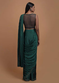 Bottle Green Ready Pleated Saree In Milano With Matching Floral Embroidered Blouse Online - Kalki Fashion