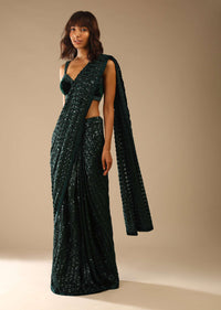 Bottle Green Ready Pleated Saree Embellished In Sequins With Cut Dana Embellished Velvet Blouse Online - Kalki Fashion