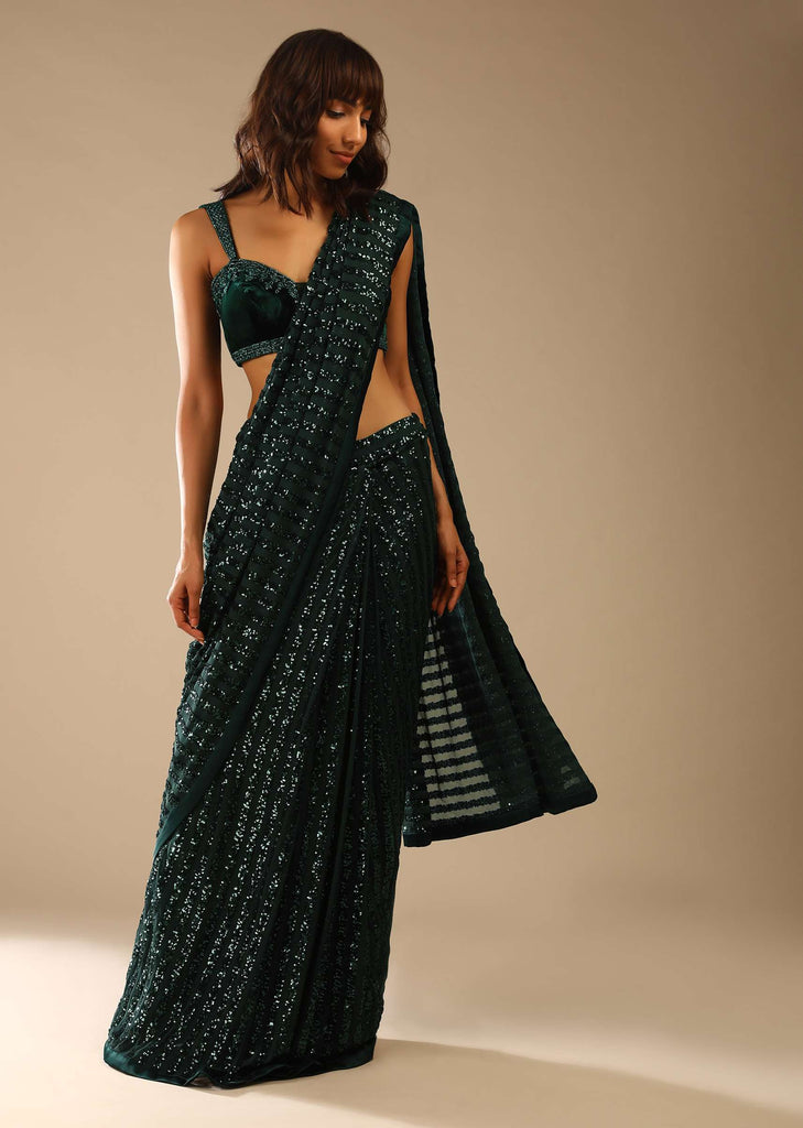 Bottle Green Ready Pleated Saree Embellished In Sequins With Cut Dana Embellished Velvet Blouse Online - Kalki Fashion