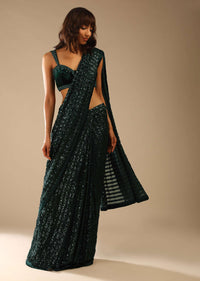 Bottle Green Ready Pleated Saree Embellished In Sequins With Cut Dana Embellished Velvet Blouse Online - Kalki Fashion