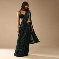 Bottle Green Ready Pleated Saree Embellished In Sequins With Cut Dana Embellished Velvet Blouse Online - Kalki Fashion