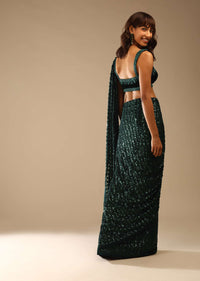 Bottle Green Ready Pleated Saree Embellished In Sequins With Cut Dana Embellished Velvet Blouse Online - Kalki Fashion