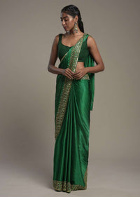 Bottle Green Saree In Satin Blend With Sequins And Zardosi Embroidered Border Design And Unstitched Blouse Online - Kalki Fashion