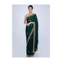 Bottle green satin chiffon saree with cut dana and mirror embroidered butti and border only on Kalki