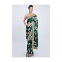 Bottle Green Saree In Satin With Floral Butti And Embroidered Border Online - Kalki Fashion