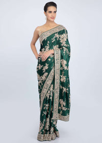 Bottle Green Saree In Satin With Floral Butti And Embroidered Border Online - Kalki Fashion