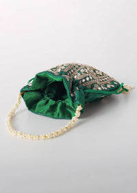 Bottle Green Potli In Satin With Hand Embroidery Detailing Using Mirror And Zardosi In Geometric Design