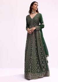 Bottle Green Anarkali Set With Zari Work