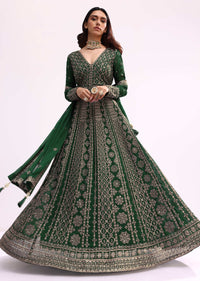 Bottle Green Anarkali Set With Zari Work