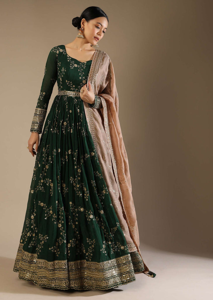 Bottle Green Anarkali Suit In Silk With Zari And Sequins Embroidered Floral Jaal And A Beige Organza Dupatta