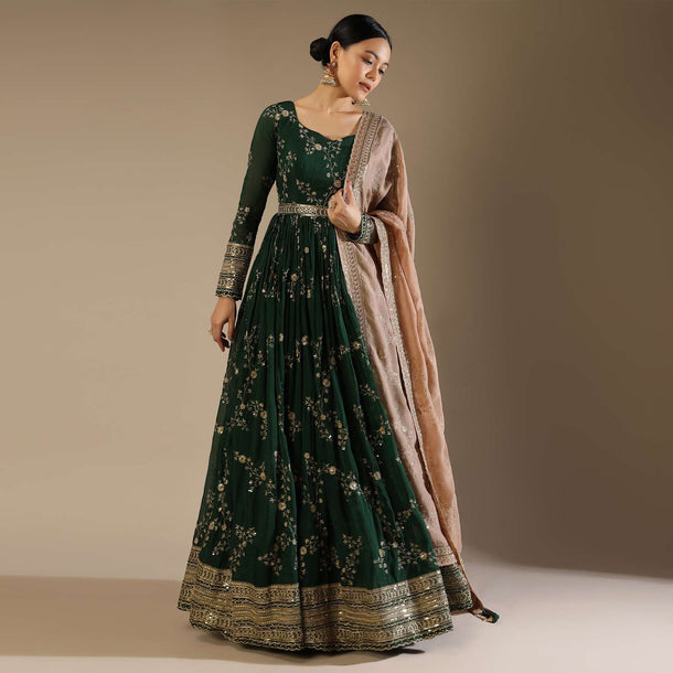 Bottle Green Anarkali Suit In Silk With Zari And Sequins Embroidered Floral Jaal And A Beige Organza Dupatta