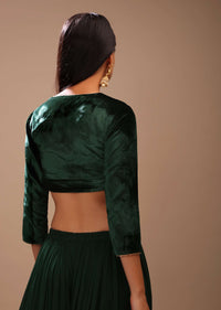 Bottle Green Blouse In Velvet With Gotta Patti Edged V Neckline And Three Quarter Sleeves