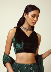 Bottle Green Blouse In Velvet With Halter Straps And Sweetheart Neckline