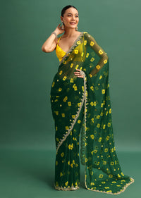 Bottle Green Chiffon Leheriya Saree With Embroidered Border And Unstitched Blouse